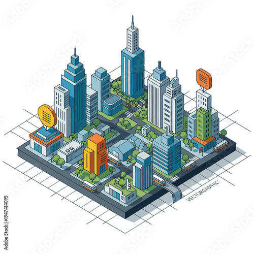 Isometric Cityscape with Modern Buildings and Green Spaces.
