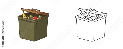 Compost bin with organic waste in flat colorful and linear style for environmental and recycling design in minimal cartoon aesthetic for sustainability craft project