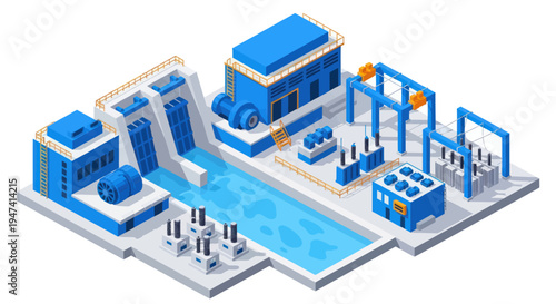 Isometric Hydroelectric Power Plant with Turbines and Water Reservoir.