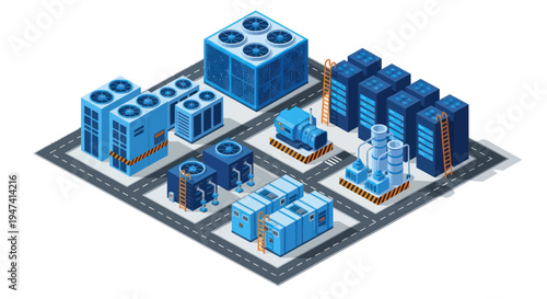 Isometric Data Center Infrastructure with Server Racks and Cooling Systems.