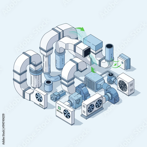 Isometric HVAC System Components and Ductwork Illustration.
