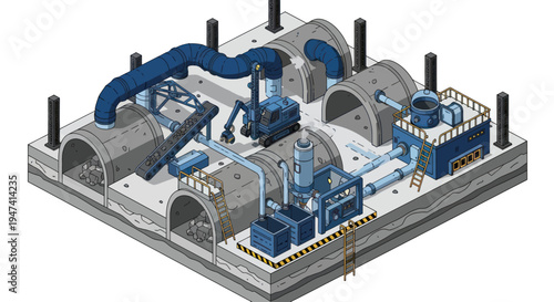 Isometric illustration of a complex industrial facility with various machinery and tunnels.