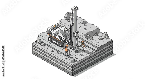 Isometric illustration of a drilling rig and workers on a construction site.