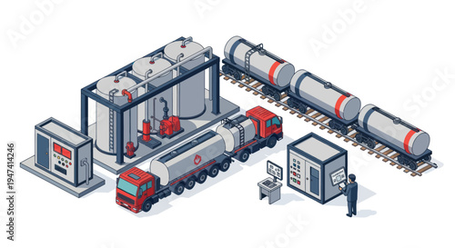 Isometric illustration of a fuel storage and transportation facility with trucks and trains.