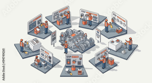 Isometric illustration of a recycling plant with workers and machinery.