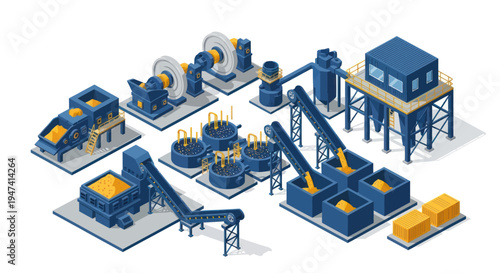 Isometric illustration of a metal smelting and refining plant with various machinery.