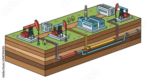 Isometric illustration of an oil and gas extraction and processing facility.