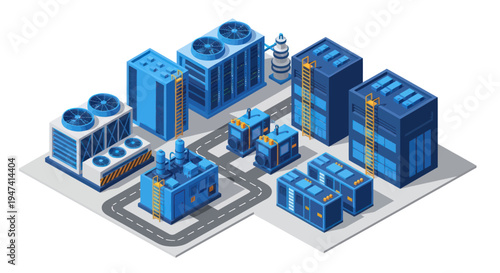 Isometric industrial complex with cooling towers and server racks.