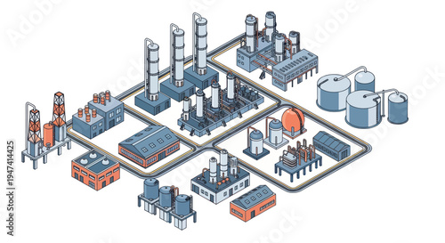 Isometric Industrial Complex with Factories, Storage Tanks, and Infrastructure.