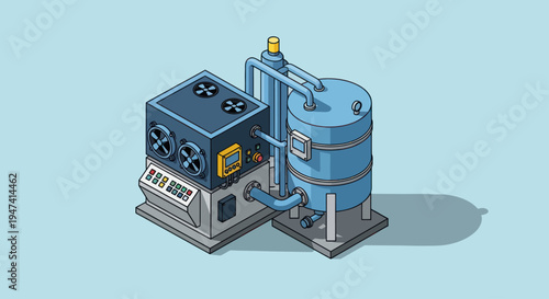 Isometric Industrial Equipment with Cooling System and Tank.