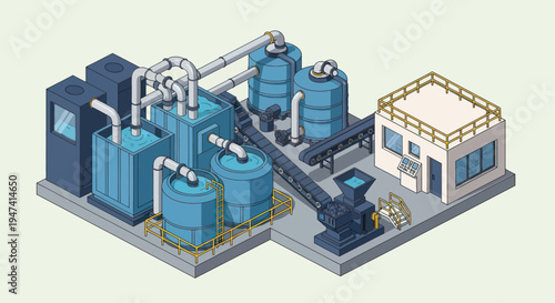 Isometric Industrial Plant with Tanks and Machinery.