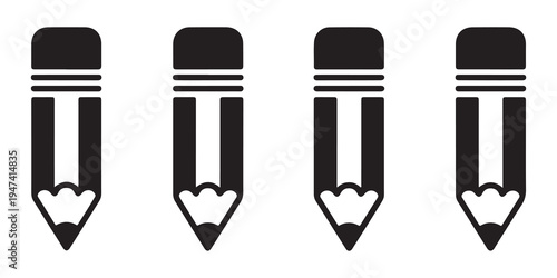 Four identical pencils with erasers on top shown in black and white vector