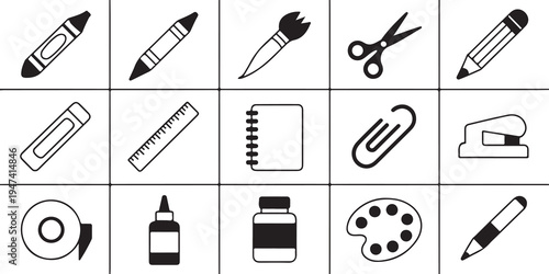 Set of school supplies and office stationery items for drawing and writing on white background vector