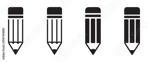 Set of four pencils with erasers, black and white vector graphics for design