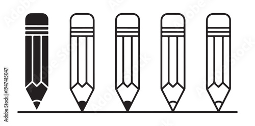 Pencil set standing on line with one distinct filled icon to represent individuality and standing out art