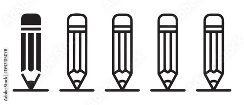 Set of five different black and white pencil icons illustration, vector design element with various tips