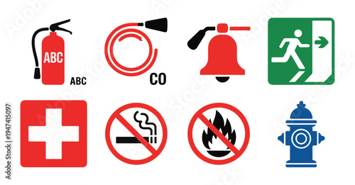 Set of eight essential fire safety and emergency rescue symbols illustration, safety equipment