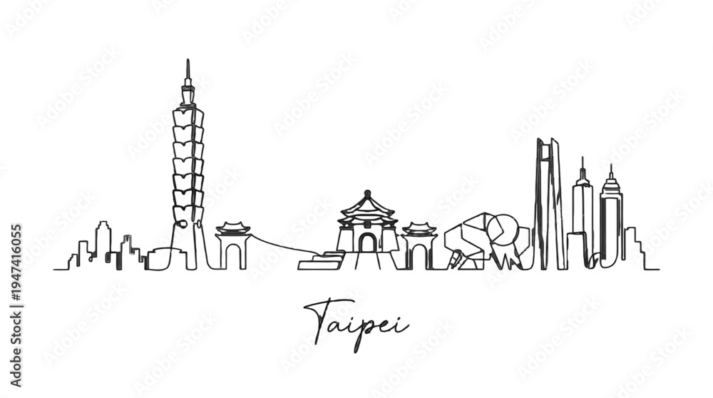 Obraz premium Elegant minimalist line drawing showcasing Taipei's iconic skyline featuring Taipei 101 and historical landmarks in monochrome