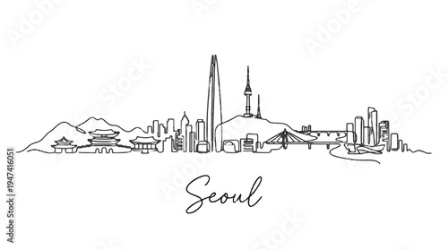 Minimalist black and white line drawing of Seoul's iconic skyline showcasing modern skyscrapers and historic temples capturing
