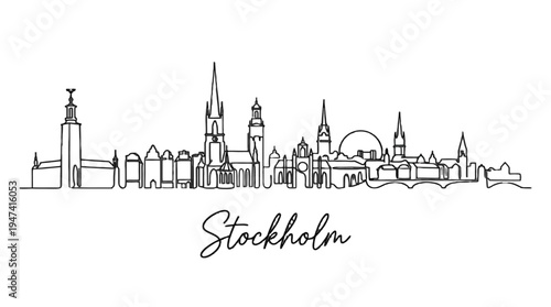 Minimalist black and white line art silhouette of Stockholm city skyline featuring iconic spires and structures with handwritten