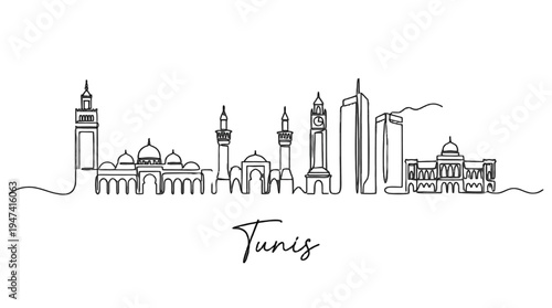 Minimalist line drawing of the Tunisian skyline featuring historical and modern architecture capturing the essence of Tunisian