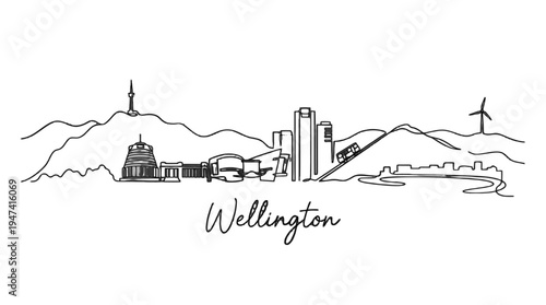 Minimalist line art illustration capturing the iconic skyline and landscapes of Wellington New Zealand