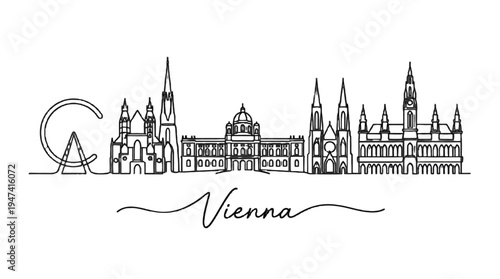 Minimalist black and white skyline illustration of Vienna city with iconic landmarks and flowing script of the city's name