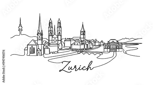 Elegant minimalist black line drawing illustrating the iconic skyline of Zurich capturing historical architecture and modern