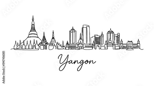 Elegant minimalist skyline illustration of Yangon cityscape capturing traditional pagodas and modern skyscrapers