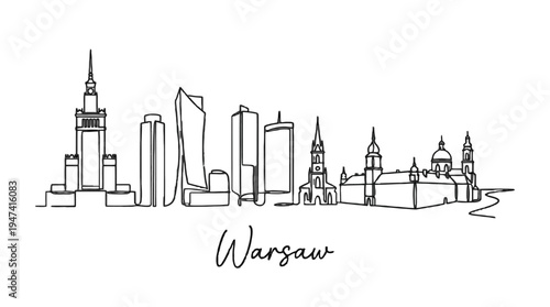 Minimalist Line Drawing of Warsaw Skyline Depicting Iconic Cityscape and Architectural Landmarks