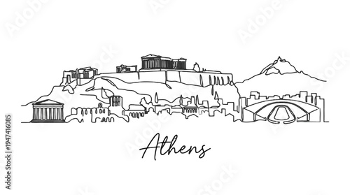 Minimalistic black and white line drawing of Athens skyline highlighting ancient and modern landmarks