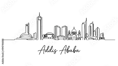 Minimalist black and white skyline illustration featuring iconic Addis Ababa cityscape with landmarks and architectural
