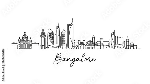 Elegant minimalist line art illustration of Bangalore skyline highlighting iconic skyscrapers and architectural landmarks