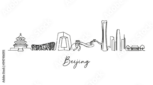 Minimalist continuous line drawing of Beijing skyline featuring iconic landmarks and modern architecture