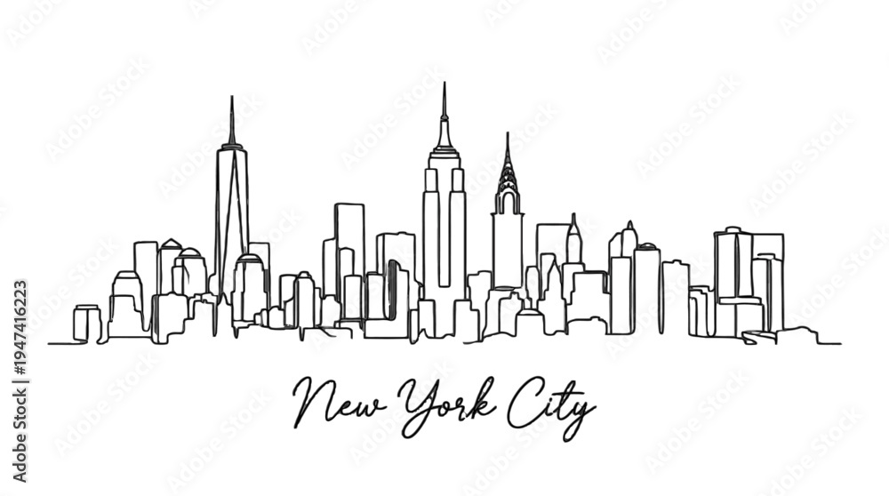 Obraz premium Minimalist Line Drawing of New York City's Skyline with Iconic Skyscrapers and the Text New York City