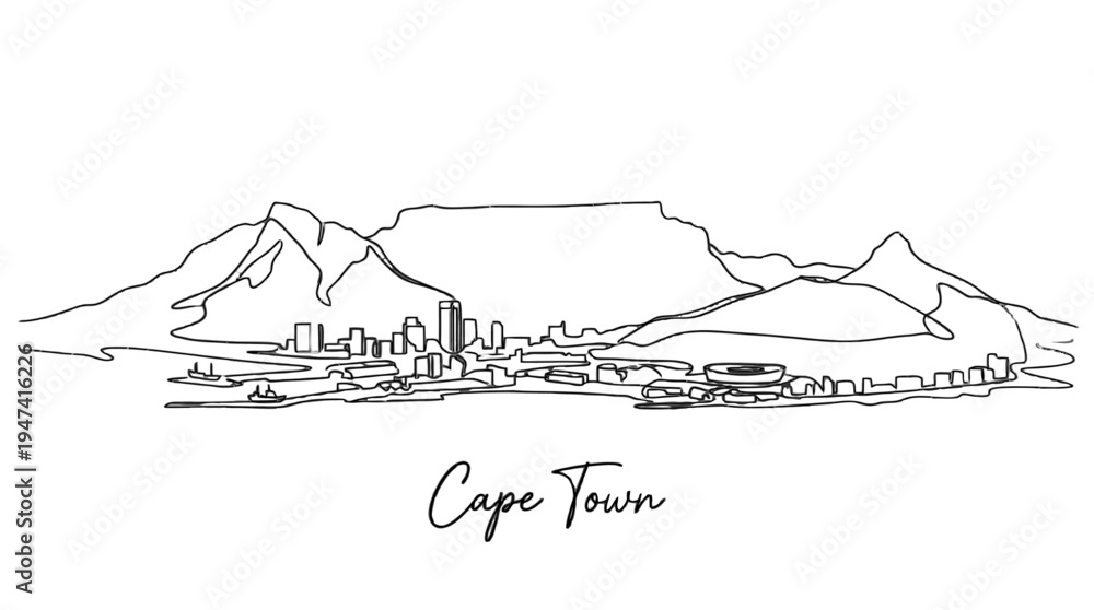 Obraz premium Minimalist Line Drawing of Cape Town City Skyline with Table Mountain Backdrop in Artistic Style