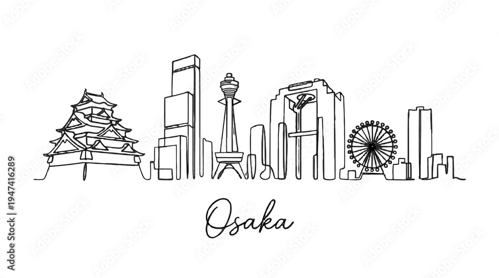Fototapeta premium Minimalist Line Art Illustration of Osaka Skyline Featuring Famous Landmarks and Cityscape Elements