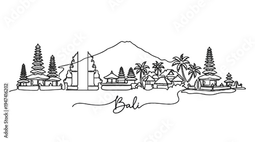 Elegant minimalist line drawing capturing Bali's iconic landscape with temples, lush palm trees, and volcanic mountain backdrop