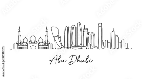 Minimalist Line Drawing of Abu Dhabi Skyline Featuring Iconic Architectural Landmarks and Modern Skyscrapers in a Continuous Art