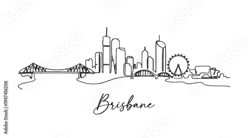 Stylized minimalist sketch capturing Brisbane's iconic skyline with cityscape elements and famous landmarks in fine line art