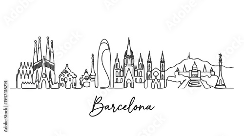 Elegant minimal line art illustration showcasing famous architectural landmarks of barcelona in a continuous sketch style with a