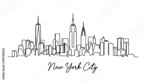Minimalist Line Drawing of New York City's Skyline with Iconic Skyscrapers and the Text New York City