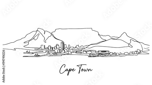 Minimalist Line Drawing of Cape Town City Skyline with Table Mountain Backdrop in Artistic Style