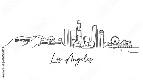 Minimalist Line Art Illustration Depicting the Iconic Skylines and Landmarks of Los Angeles
