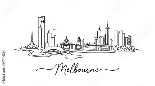Minimalist Line Drawing of Melbourne's Skyline Featuring Iconic Buildings and Urban Landscape