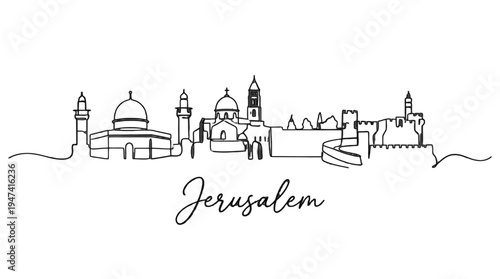 Minimalist Line Drawing of Jerusalem's Historic Skyline with Iconic Landmarks and Scripted City Name