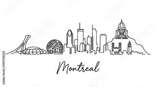 Minimalist Line Drawing of Montreal Skyline Featuring Iconic Landmarks and Cityscape