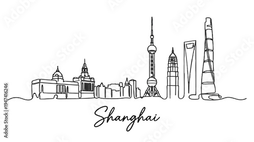 Minimalist Line Drawing of Shanghai City Skyline Featuring Iconic Skyscrapers and Landmarks