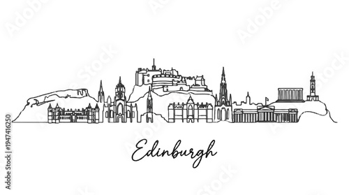 Minimalist Line Drawing of Edinburgh Skyline Featuring Historic Castle and Famous Landmarks Stunning Artistic Representation