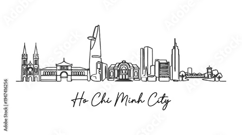 Stylized minimalist line art capturing the iconic skyline of Ho Chi Minh City showcasing historic and modern architecture